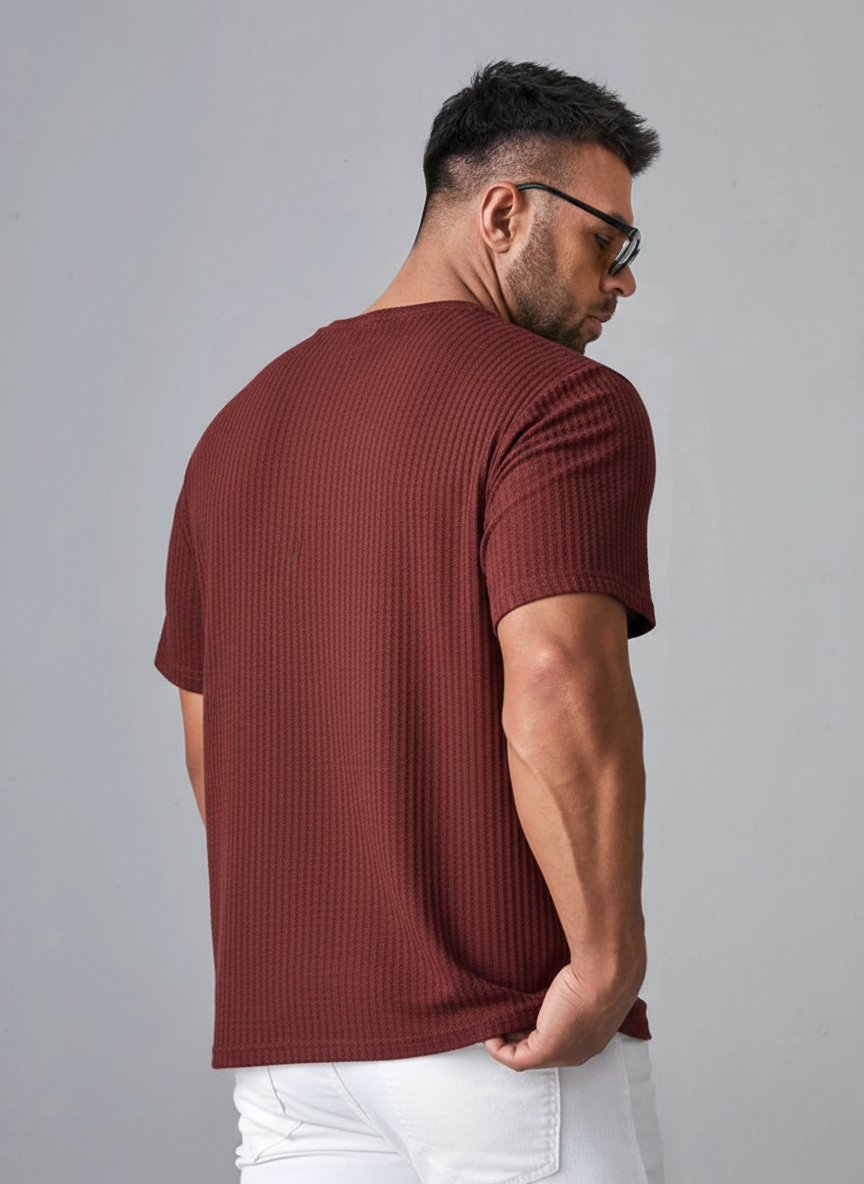Oversized Waffle Knit Tee For Men - Maroon