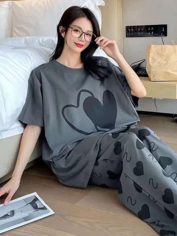 Double Heart Printed PJ Suit - Grey