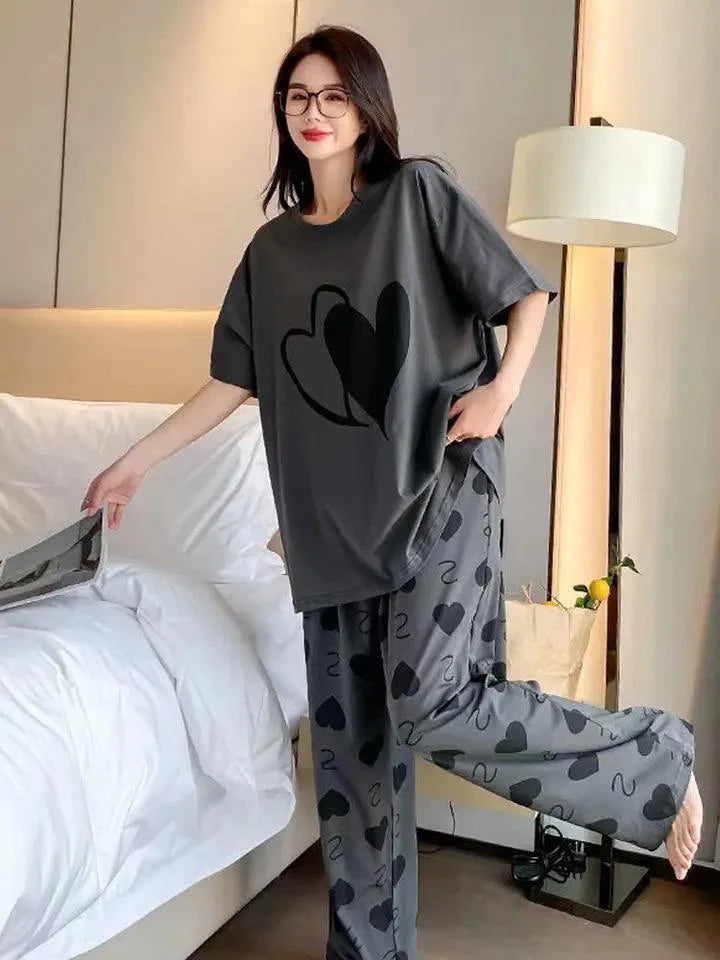 Double Heart Printed PJ Suit - Grey
