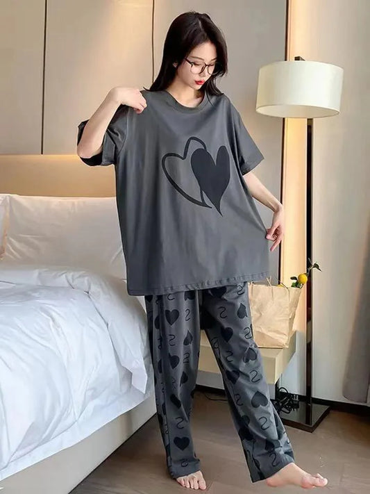 Double Heart Printed PJ Suit - Grey