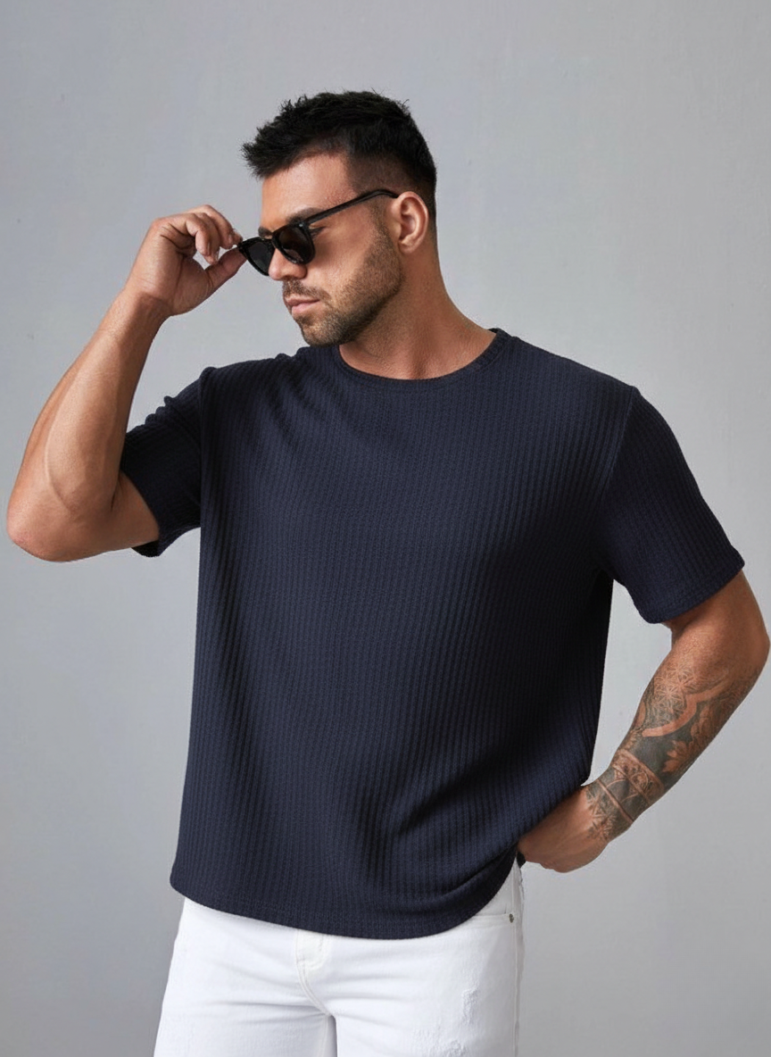 Oversized Waffle Knit Tee For Men - Navy Blue