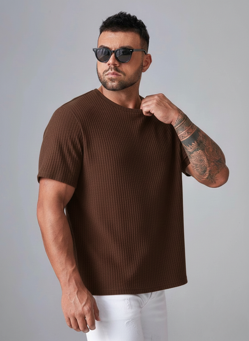 Oversized Waffle Knit Tee For Men - Brown