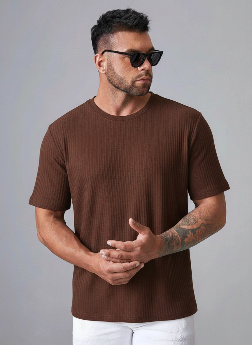 Oversized Waffle Knit Tee For Men - Brown