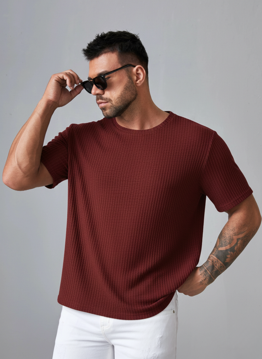 Oversized Waffle Knit Tee For Men - Maroon