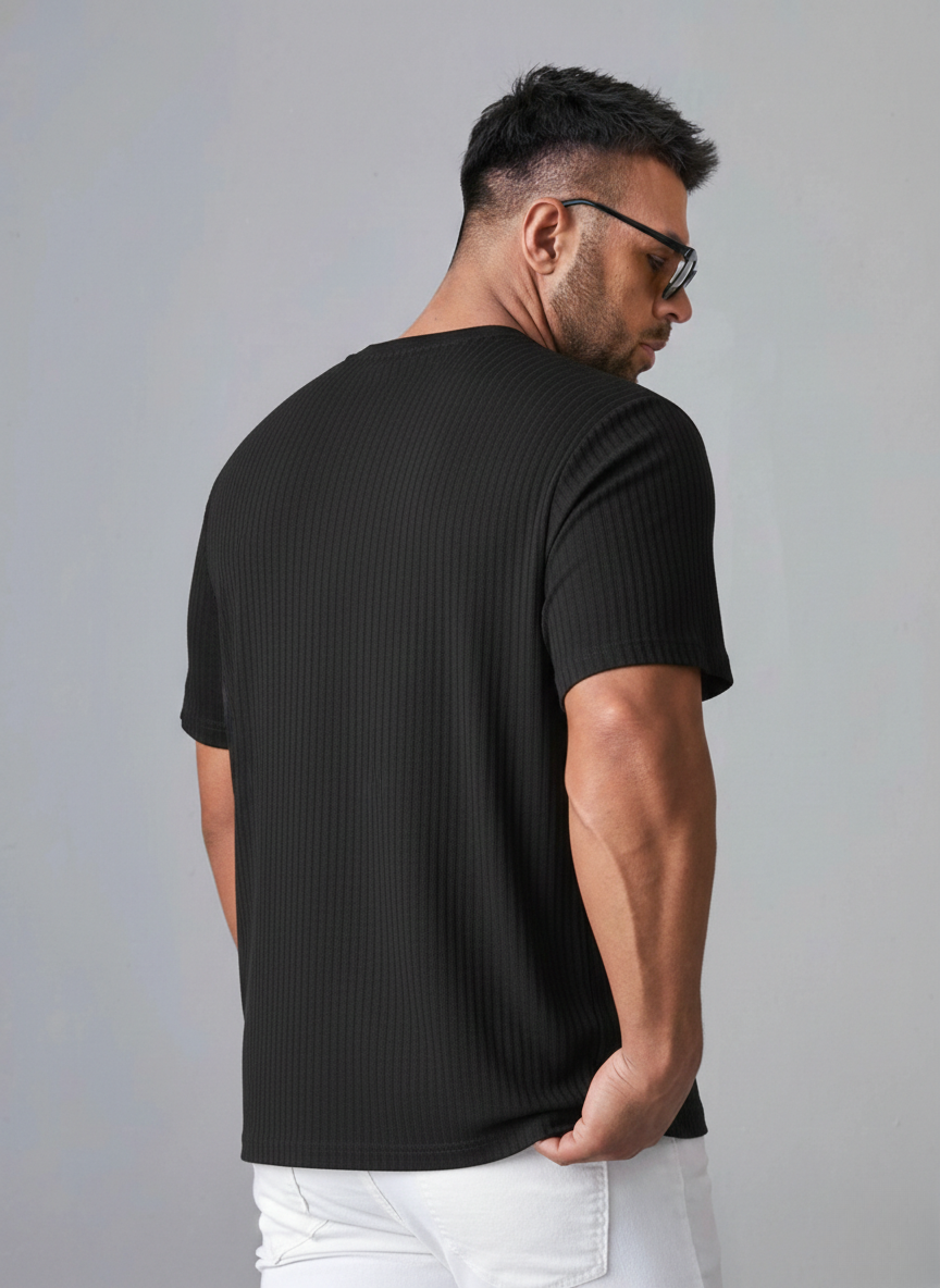 Oversized Waffle Knit Tee For Men - BLACK