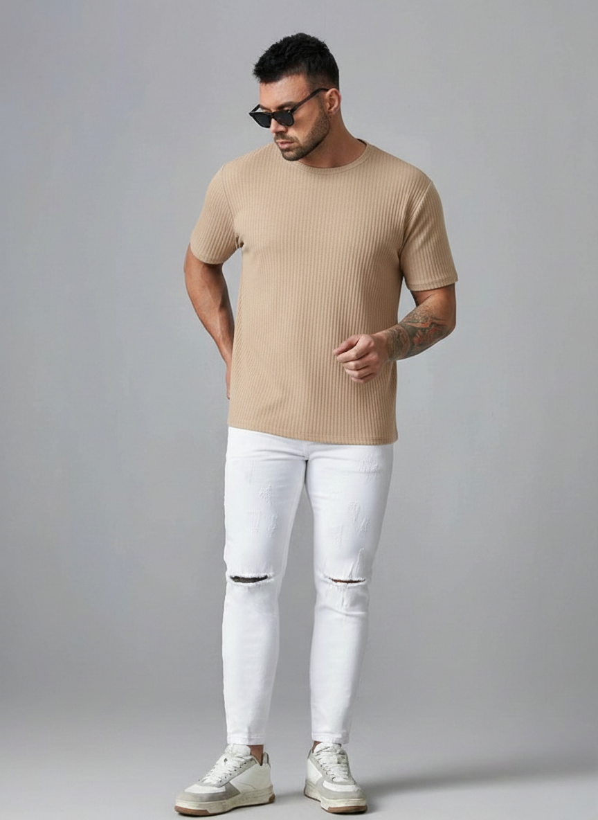 Oversized Waffle Knit Tee For Men - Beige