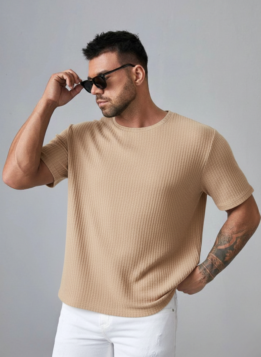 Oversized Waffle Knit Tee For Men - Beige