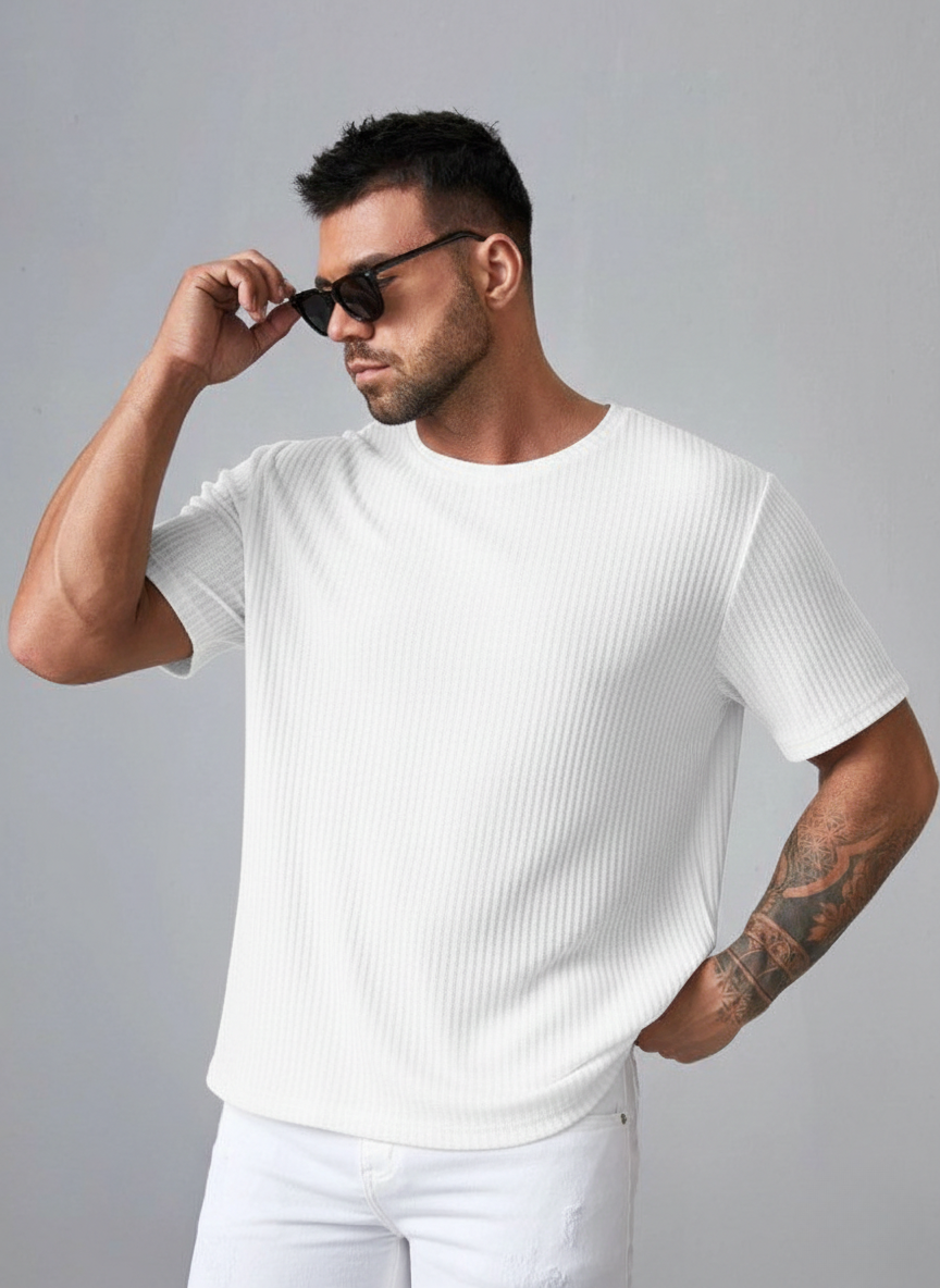 Oversized Waffle Knit Tee For Men - WHITE
