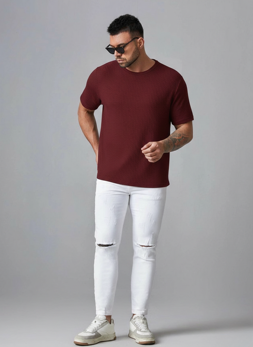 Oversized Waffle Knit Tee For Men - Maroon