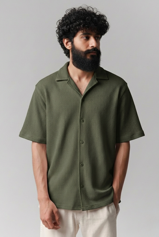 Cuban Collar Knitted Shirt - OliveGreen