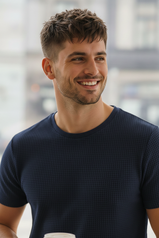 Waffle Knitted Tshirt -Navy-Blue