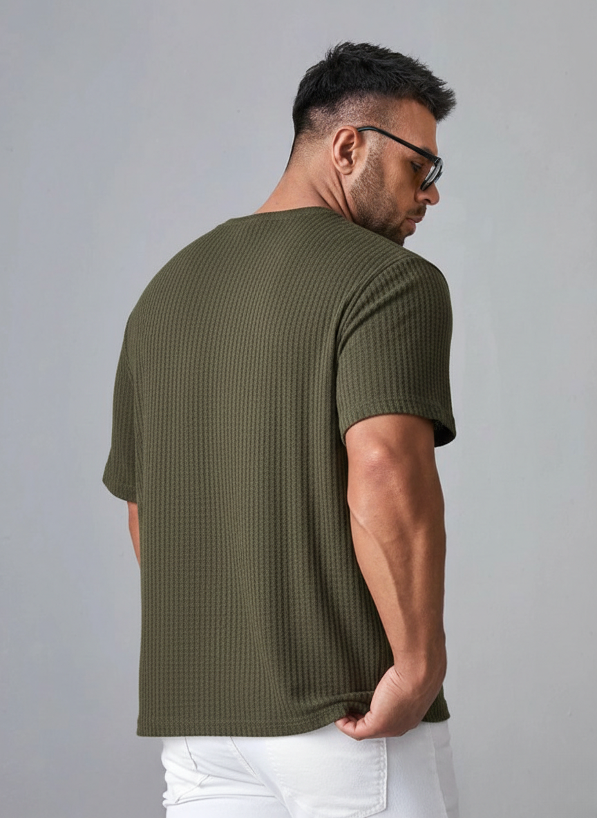 Oversized Waffle Knit Tee For Men - Olive