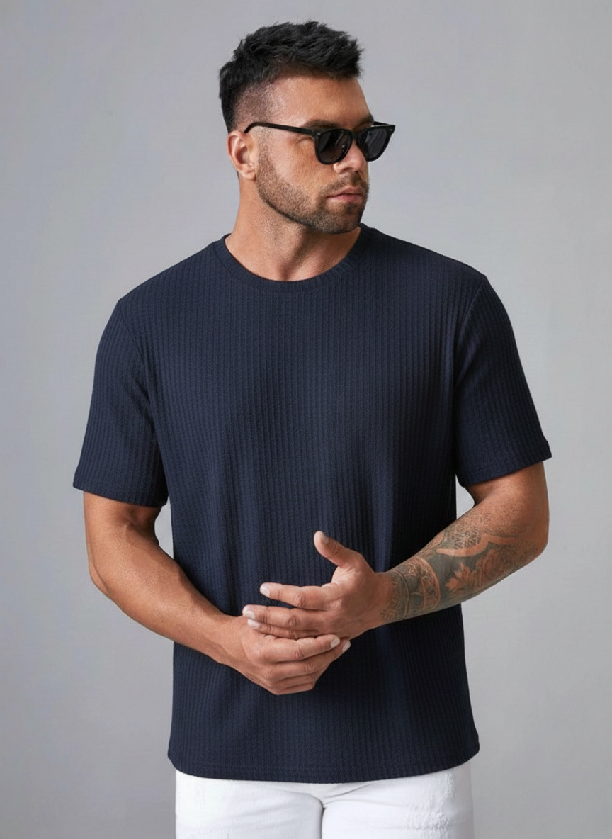 Oversized Waffle Knit Tee For Men - Navy Blue