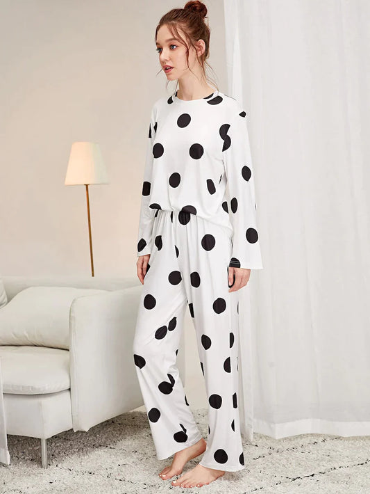 Black & White Doted Printed PJ Suit - White