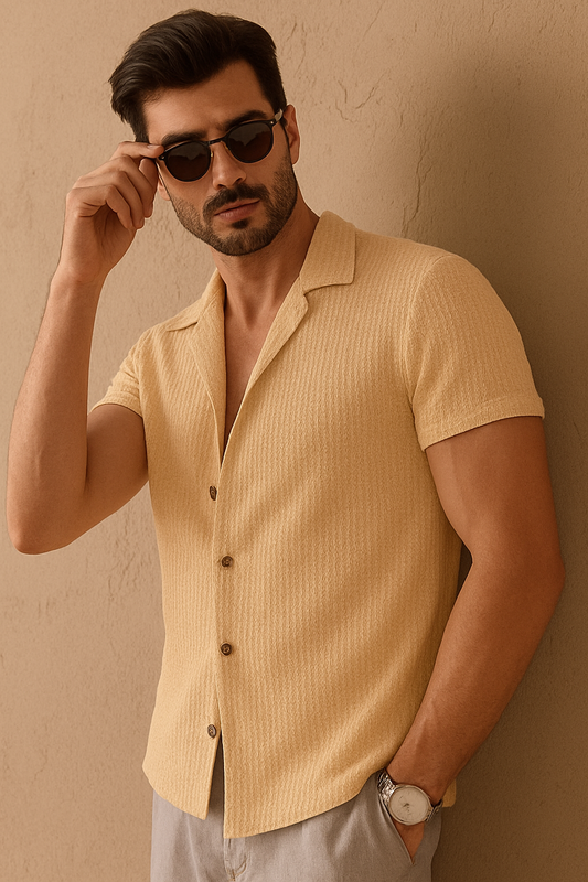 Cuban Collar Knitted Shirt - Beige