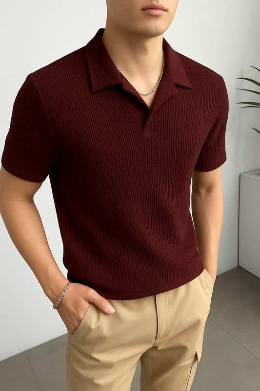 Korean Knitted Cuban Collar Polo - Maroon