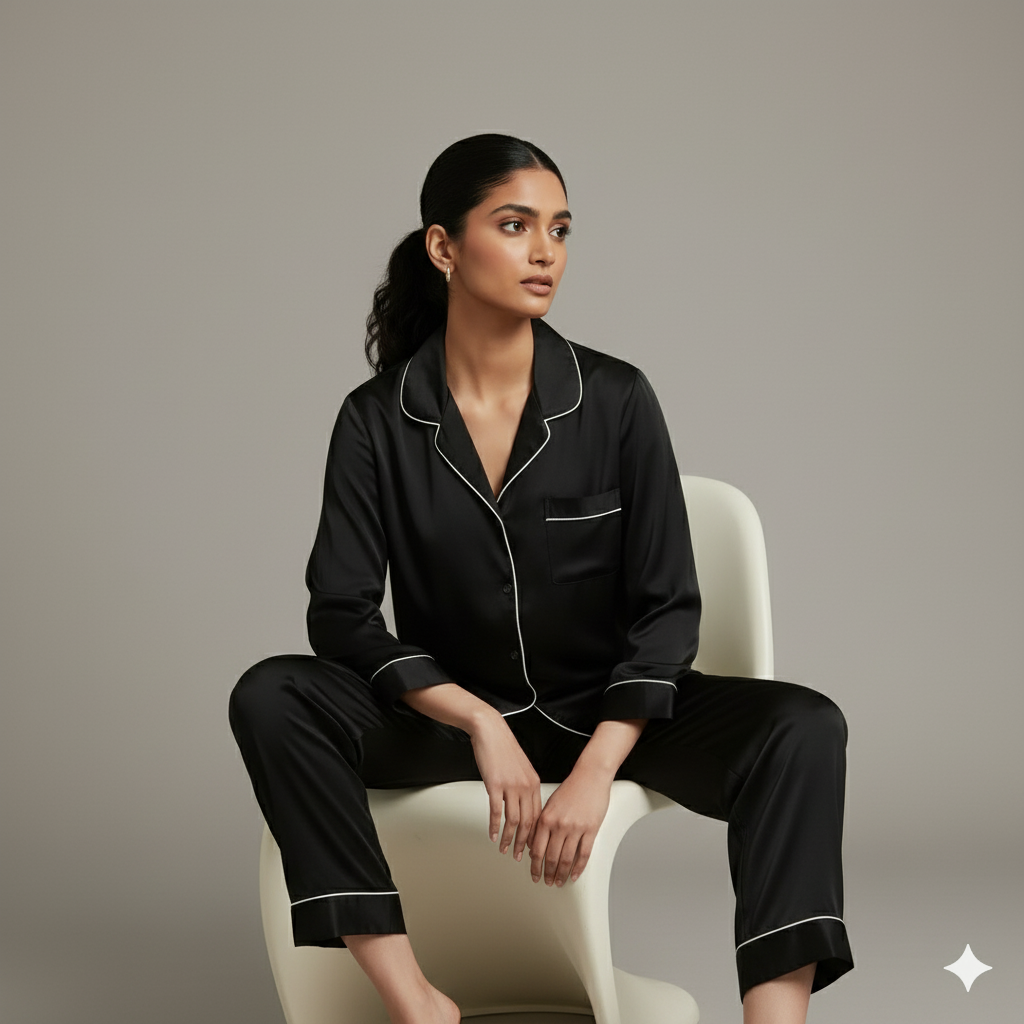 11.11 SALE : SIlk Night Suit - Black