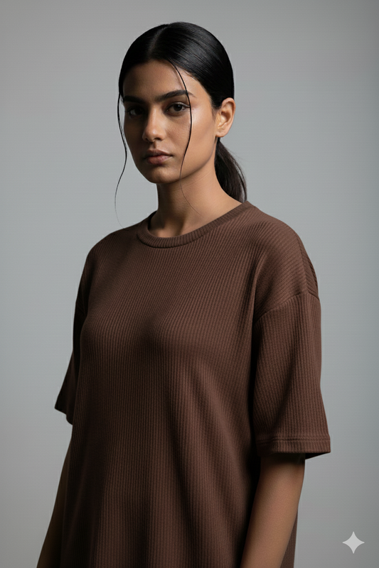 11.11 SALE : Oversized Waffle Knitted T-Shirt for Women - Brown