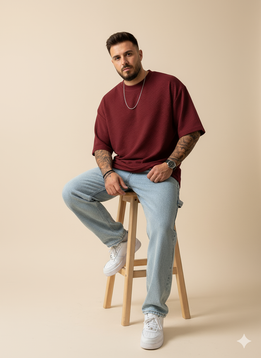 11.11 SALE : Oversized Waffle Knitted Tshirt - Maroon