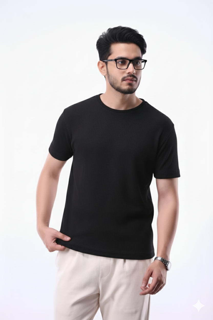 Waffle knitted Tshirt - Black