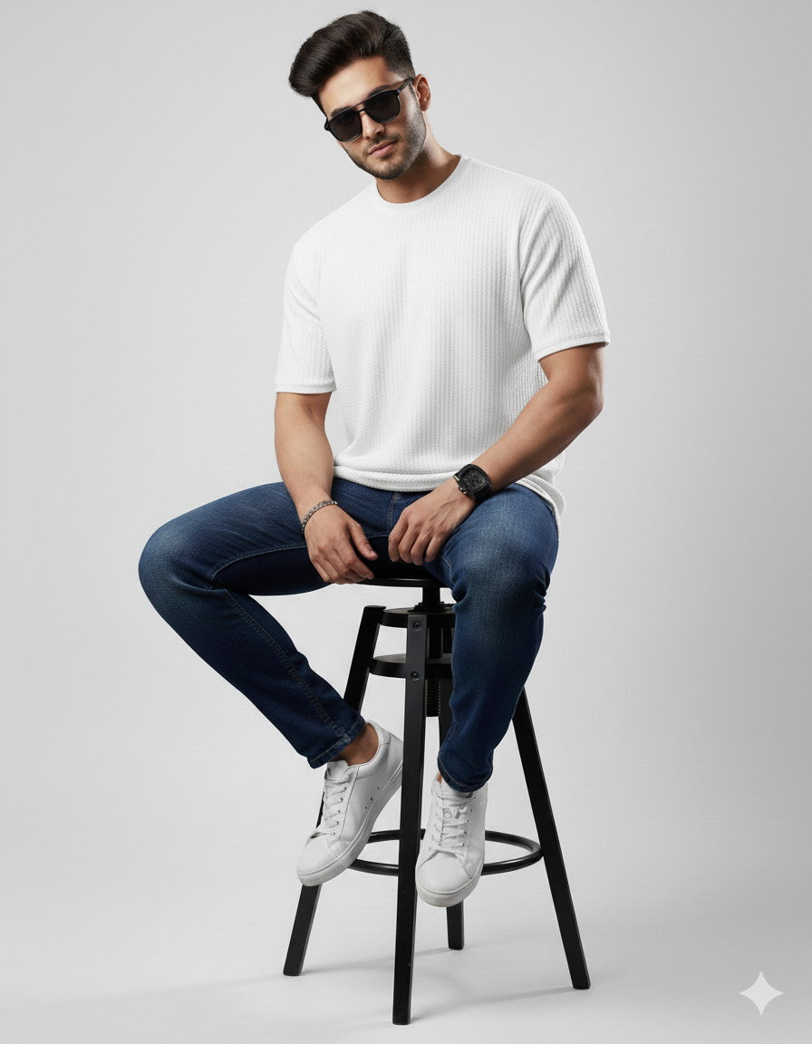 Oversized Waffle Knit Tee For Men - WHITE