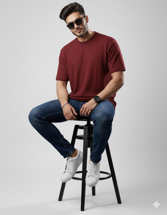 Oversized Waffle Knit Tee For Men - Maroon