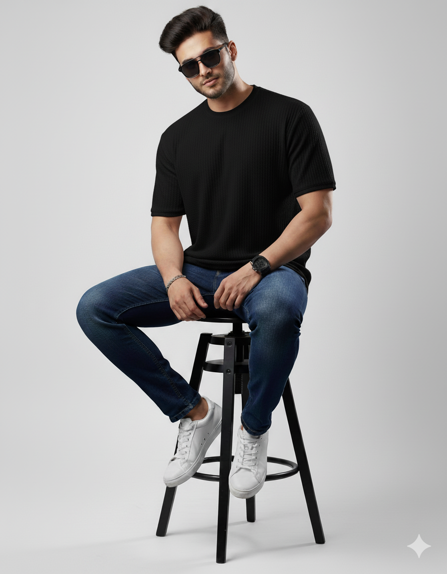 Oversized Waffle Knit Tee For Men - BLACK