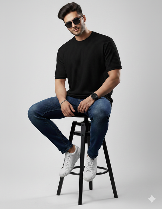 Oversized Waffle Knit Tee For Men - BLACK