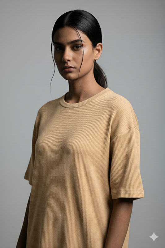 11.11 SALE : Oversized Waffle Knitted T-Shirt for Women -Beige
