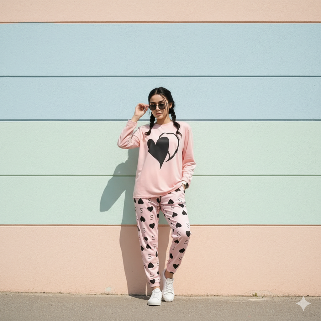Double Heart Printed PJ Suit  Full Sleeves- pink