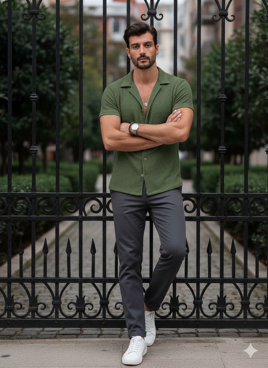 Cuban Knitted Shirt - OliveGreen