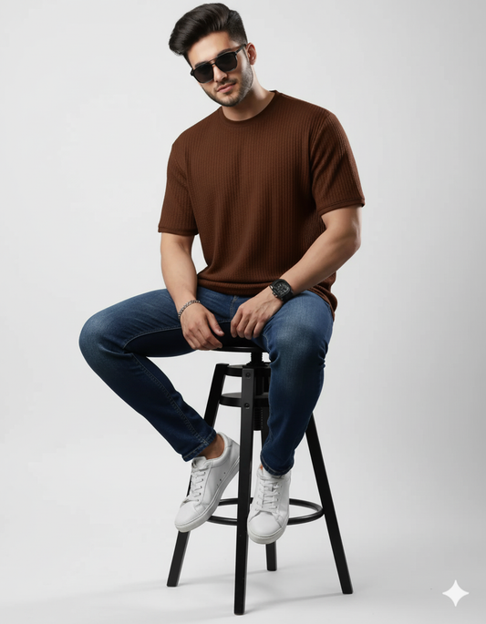 Oversized Waffle Knit Tee For Men - Brown
