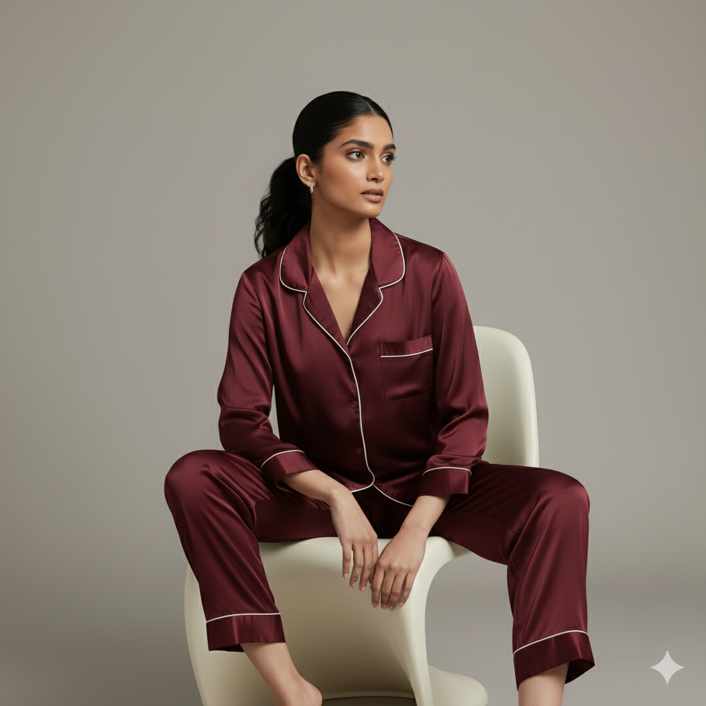 11.11 SALE : SIlk Night Suit - Maroon