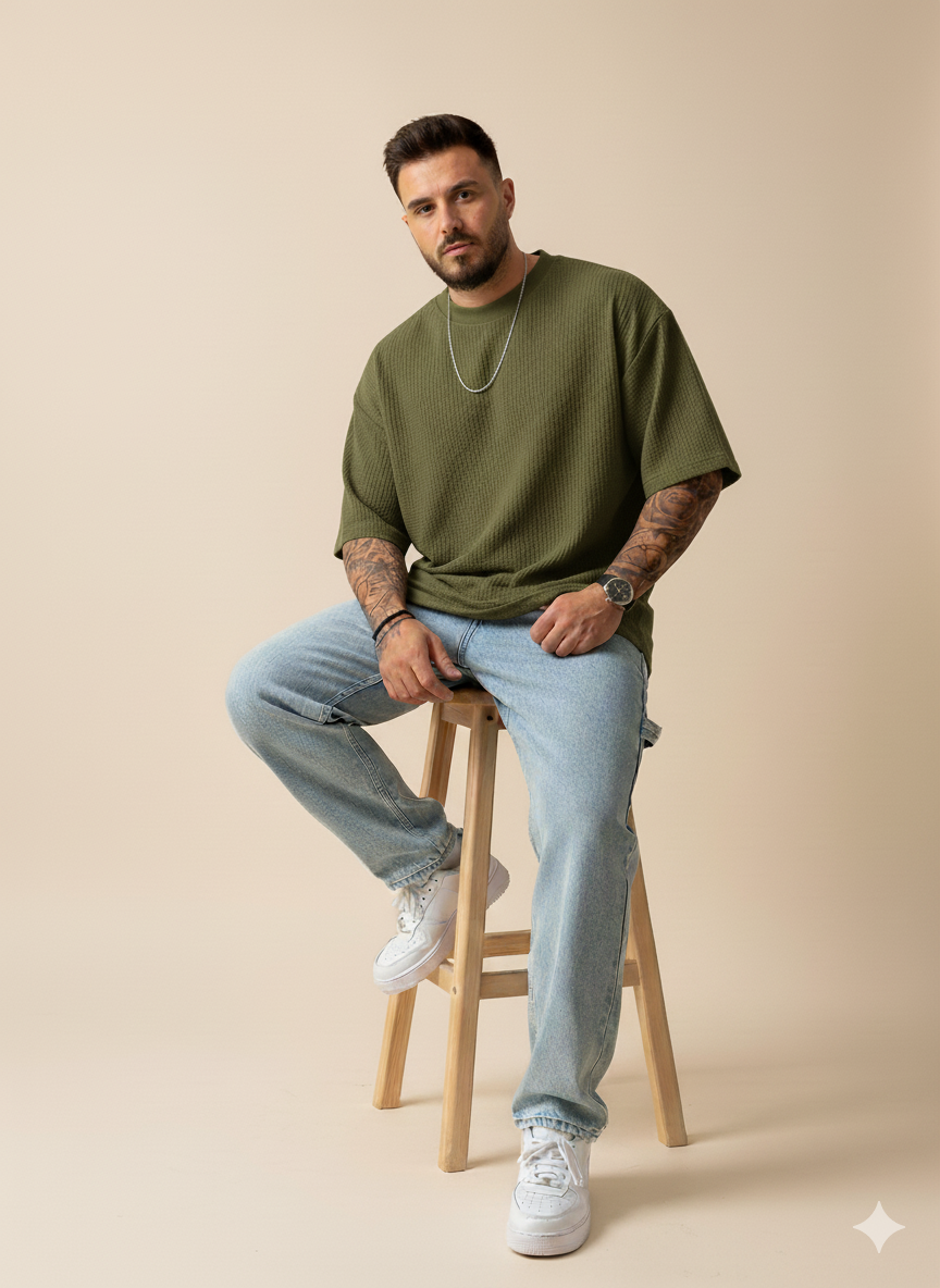 11.11 SALE : Oversized Waffle Knitted Tshirt - OliveGreen