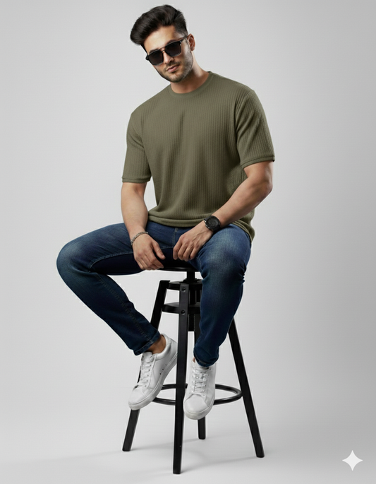 Oversized Waffle Knit Tee For Men - Olive