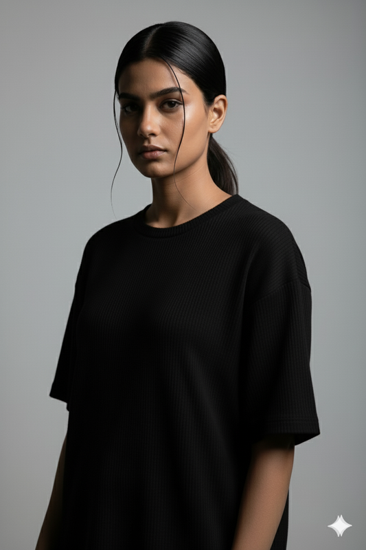 11.11 SALE : Oversized Waffle Knitted T-Shirt for Women - Black