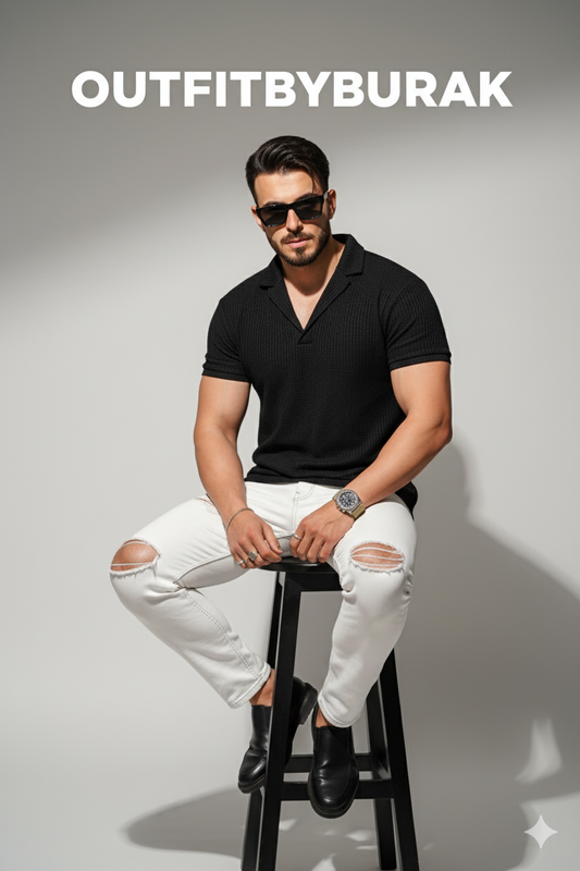 Korean Knitted Cuban Collar Polo - Black