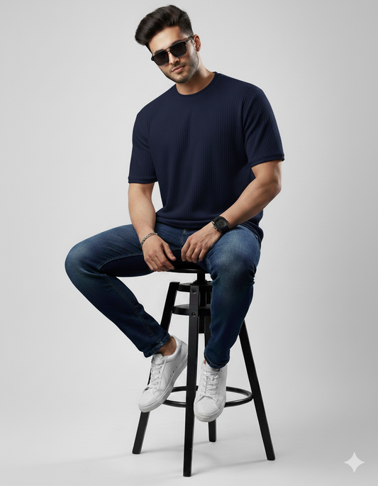 Oversized Waffle Knit Tee For Men - Navy Blue