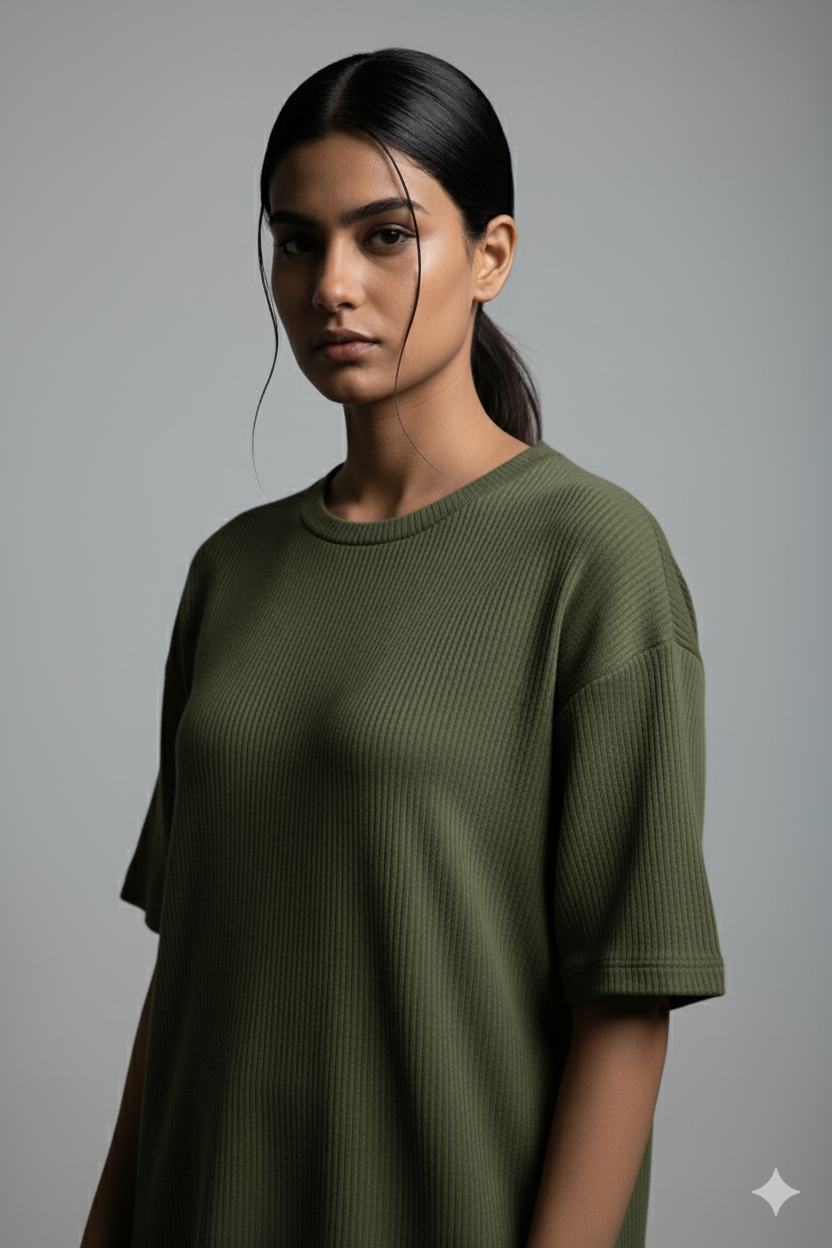 11.11 SALE : Oversized Waffle Knitted T-Shirt for Women -OliveGreen