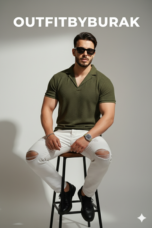 Korean Knitted Cuban Collar Polo -OliveGreen