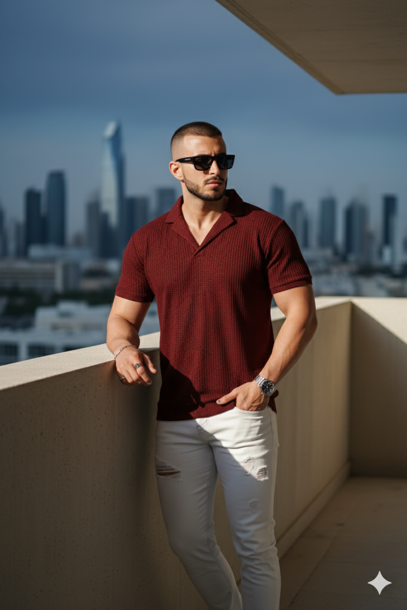 Korean Knitted Cuban Collar Polo - Maroon