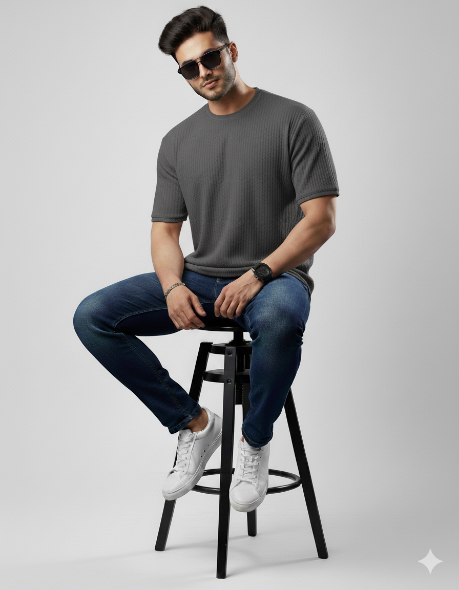 Oversized Waffle Knit Tee For Men - Charcoal