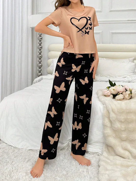 Hearts & Butterfly Pj Suit - Brown