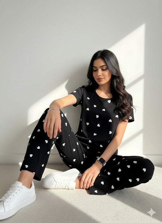 11.11 Sale BLACK WHITE SMALL HEART  - PJ SUIT FOR WOMEN