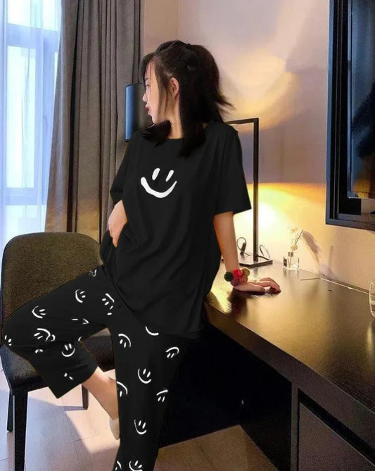 Smile Printed PJ Suit - Black
