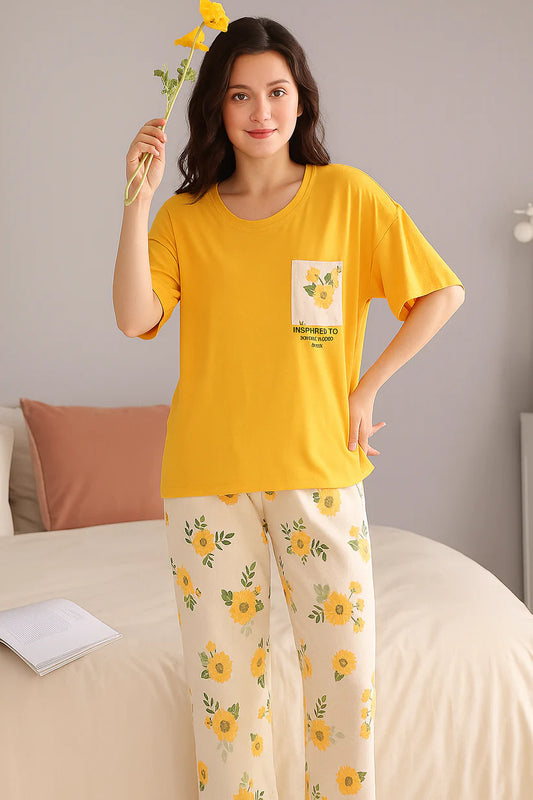 Pocket Flower PJ Suit - Mustard