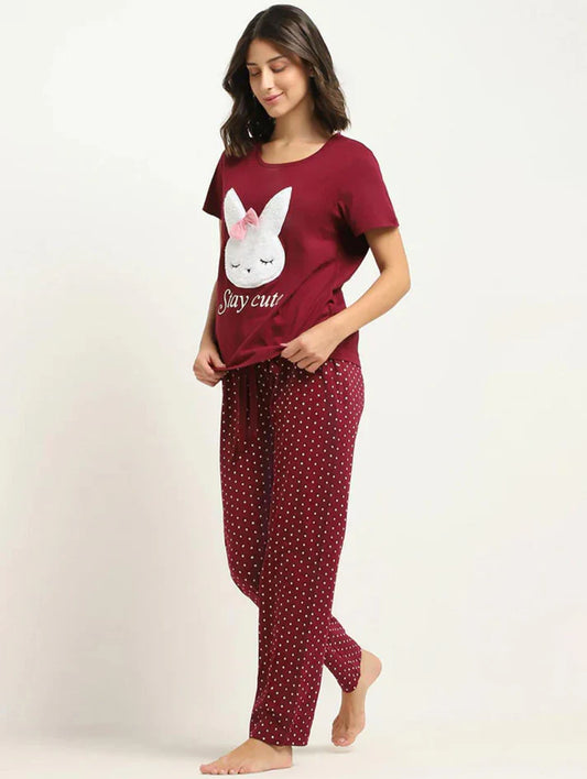 Stay Cute Printed PJ Suit - Maroon