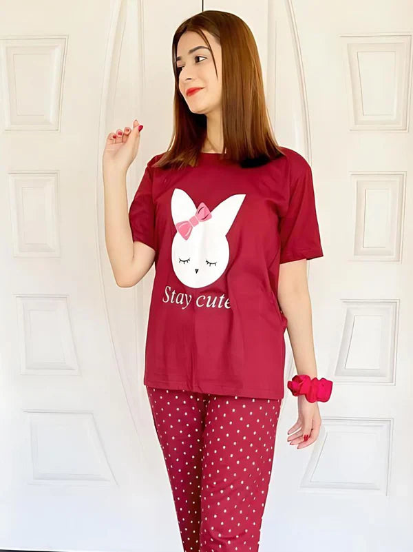 Stay Cute Printed PJ Suit - Maroon