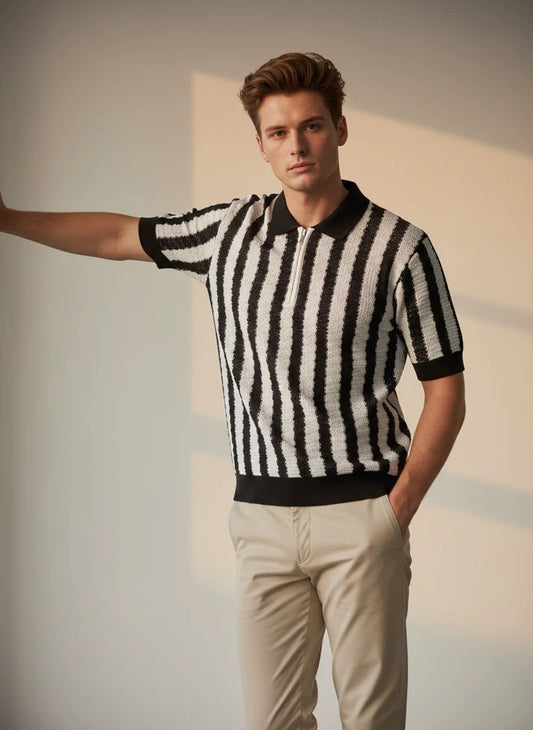 Knitted Wavy Stripes Polo - Zipper Collar