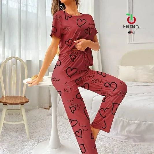Dark Pink I Love You Printed PJ Suit